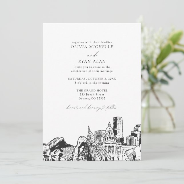 Modern Denver Skyline Black & White Wedding Invitation (Standing Front)