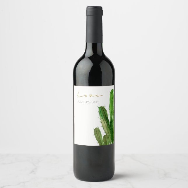 MODERN DESERT CACTUS FOLIAGE WATERCOLOR LOVE WINE LABEL (Front)