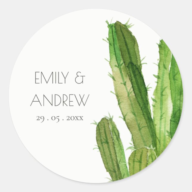 MODERN DESERT CACTUS FOLIAGE WATERCOLOR WEDDING CLASSIC ROUND STICKER (Front)