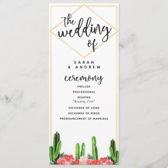 Modern Desert Cactus, Succulent and Floral Wedding Programme (Front)
