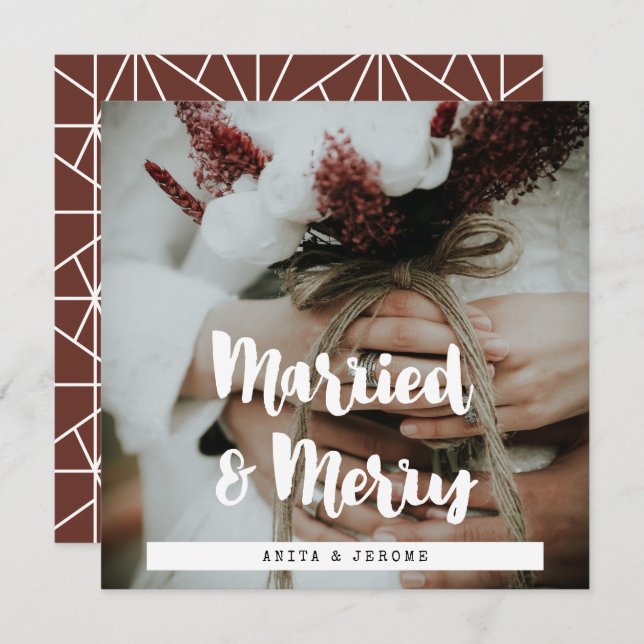 Modern design Married and Merry newlyweds photo Holiday Card (Front/Back)