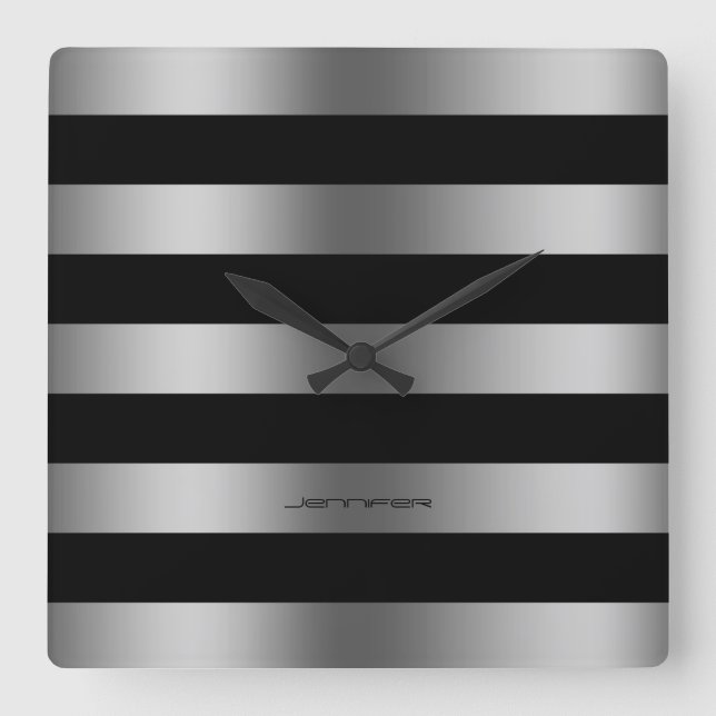 Modern Design Silver Stripes Over Black Background Square Wall Clock (Front)