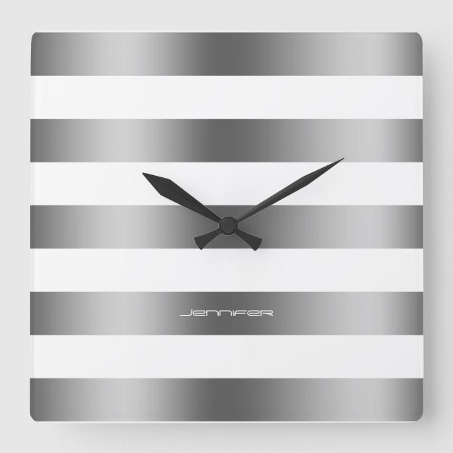 Modern Design Silver Stripes Over White Background Square Wall Clock (Front)