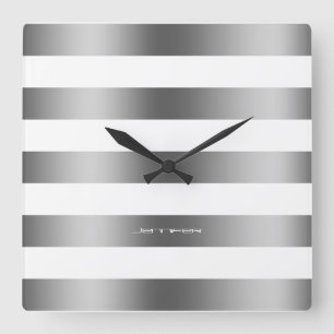 Modern Design Silver Stripes Over White Background Square Wall Clock