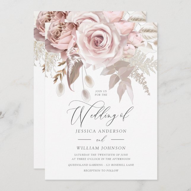 Modern Designer Dusty Rose Blush Details & Wedding Invitation (Front/Back)