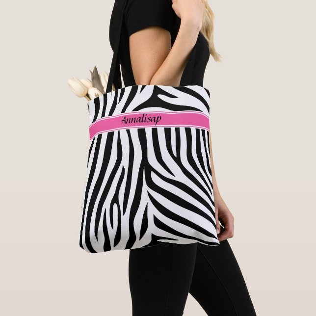 Modern designer personalised zebra stripe Ladies Tote Bag (Close Up)