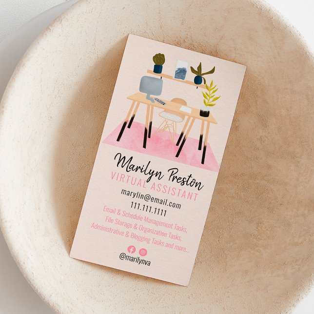Modern desk illustration virtual assistant pink business card (Creator Uploaded)