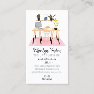 Modern desk scene illustration virtual assistant business card