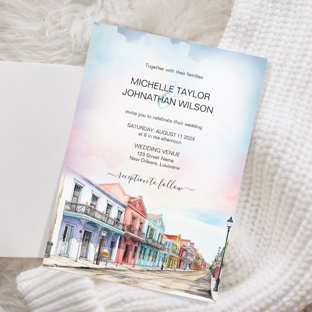 Modern Destination Wedding New Orleans Watercolor Invitation (new orleans watercolor street view)
