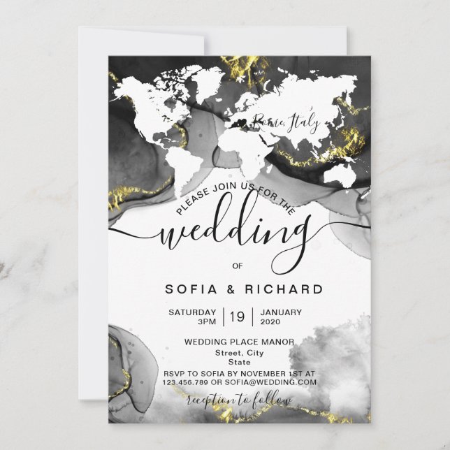 Modern Destination Wedding World Map Watercolor In Invitation (Front)