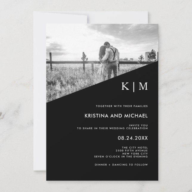 Modern Diagonal Black | Photo Wedding Invitation (Front)