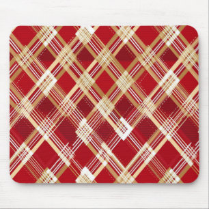 Modern Diagonal Red and White Plaid Pattern Mouse Mat