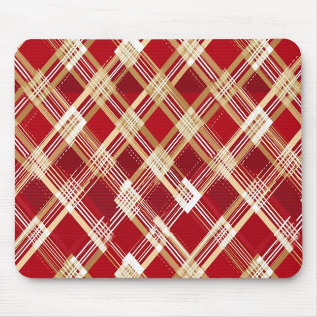 Modern Diagonal Red and White Plaid Pattern Mouse Mat (Front)