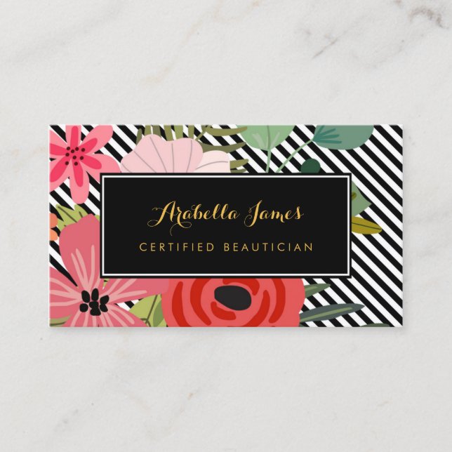 Modern Diagonal Stripes Elegant Floral Beautician Business Card (Front)