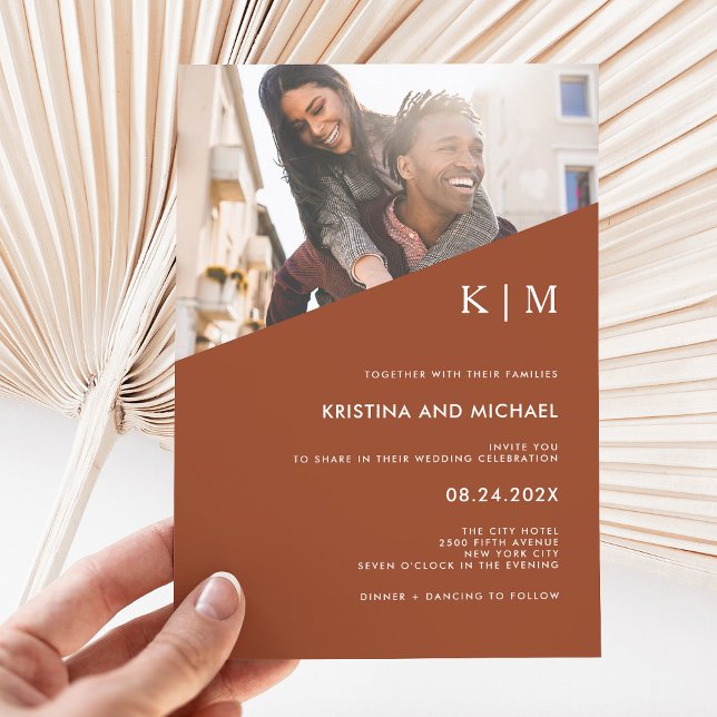 Modern Diagonal | Terracotta Photo Wedding Invitation (Creator Uploaded)