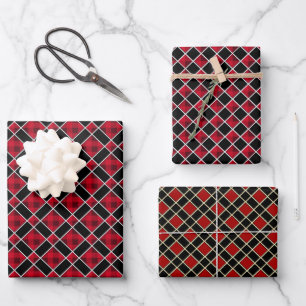 Modern diamond chequered in black & red wrapping paper sheet