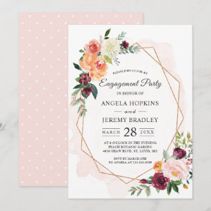 Modern Diamond Frame Blush Floral Engagement Party Invitation