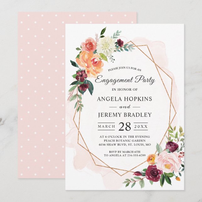 Modern Diamond Frame Blush Floral Engagement Party Invitation (Front/Back)