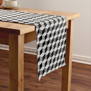Modern Diamond Grid, Silver, Dark Grey, and Black Short Table Runner