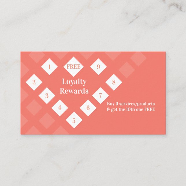 Modern Diamond Heart Loyalty Rewards Coral Business Card (Front)
