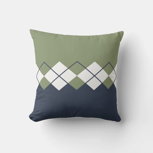 Modern, diamond pattern, olive green, navy blue cushion (Front)