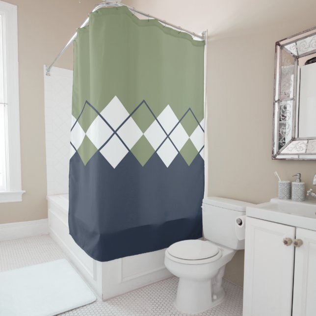 Modern, diamond pattern, olive green, navy blue shower curtain (In Situ)