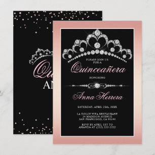 Modern Diamond Tiara Black Pink QUINCEAÑERA Invitation
