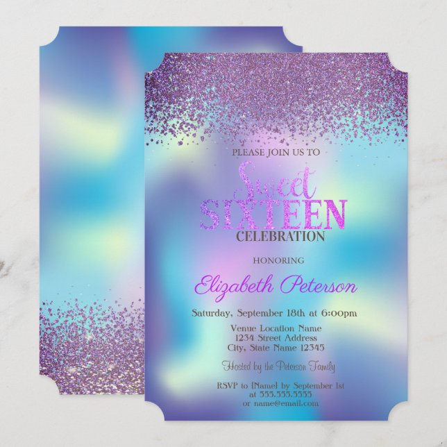 Modern  Diamonds Colourful Holographic Sweet 16 Invitation (Front/Back)
