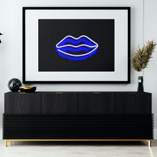 Modern Digital Art   Blue Neon Wall Light Lips Poster