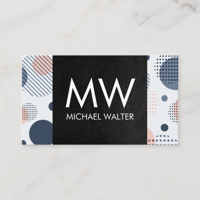 Modern Digital Geometric | Black Leather Business Card (Front)