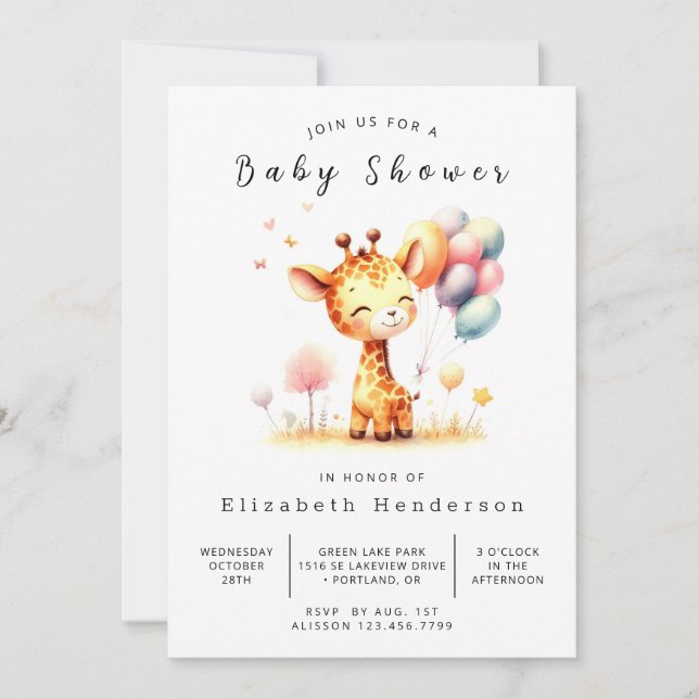 Modern Digital Giraffe Baby Shower Invitation (Front)