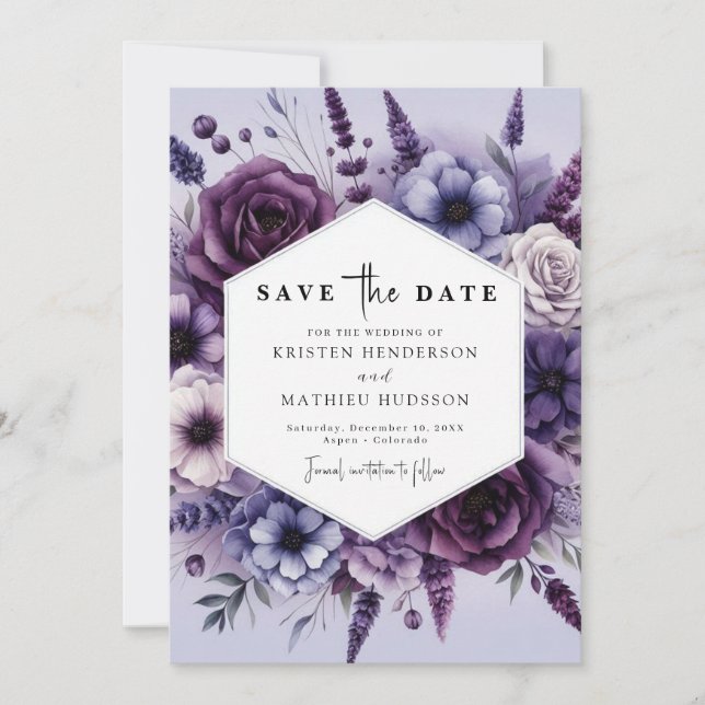 Modern Digital Purple Floral Wedding  Save The Date (Front)