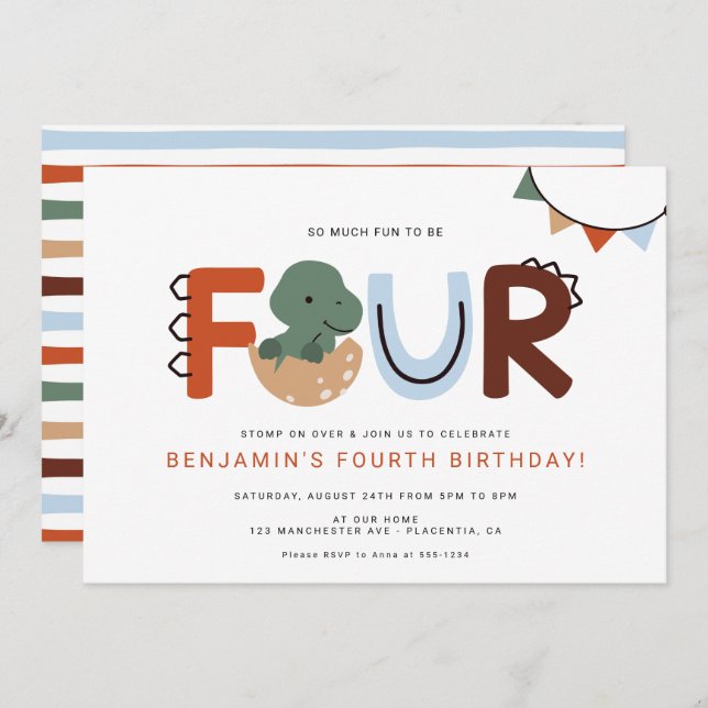 Modern Dinosaur 4th Birthday Party  Invitation (Front/Back)