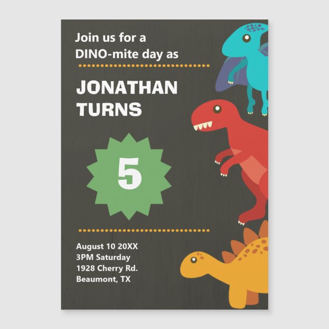Modern dinosaur kids birthday magnetic invitation (Front)