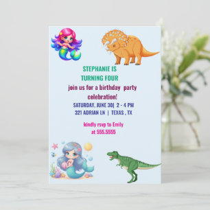 Modern Dinosaur mermaid Birthday Party Invitation