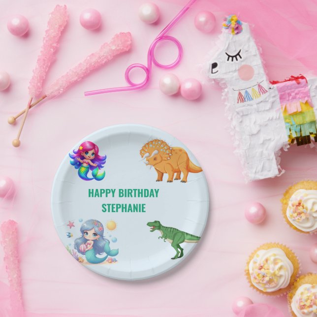 Modern Dinosaur mermaid Birthday Party Paper Plate (Party)