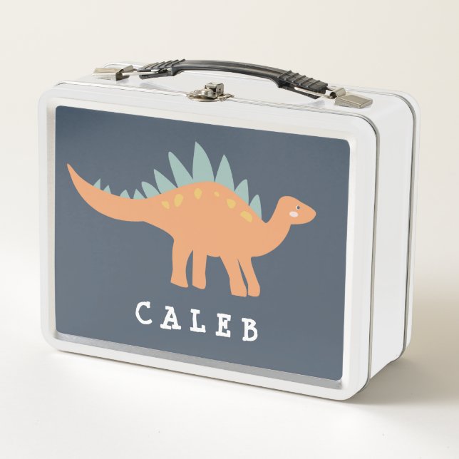 Modern Dinosaur Navy & Orange Personalised Metal Lunch Box (Front)