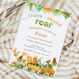 Modern Dinosaur Stomp Chomp Roar 4th Birthday Invitation