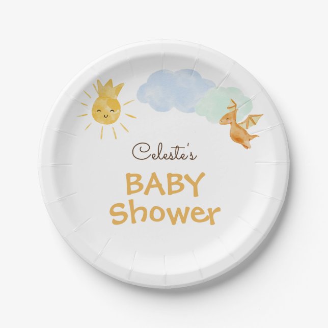 Modern Dinosaur White Baby Shower Paper Plates (Front)