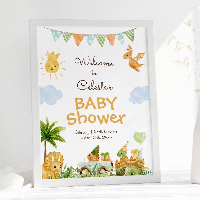 Modern Dinosaur White Baby Shower Welcome Poster (Creator Uploaded)