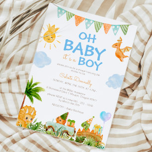 Modern Dinosaur White Oh Baby Boy Shower Invitation