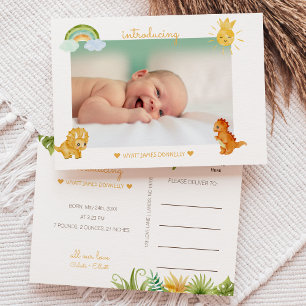 Modern Dinosaur White Photo Birth Announcement Postcard