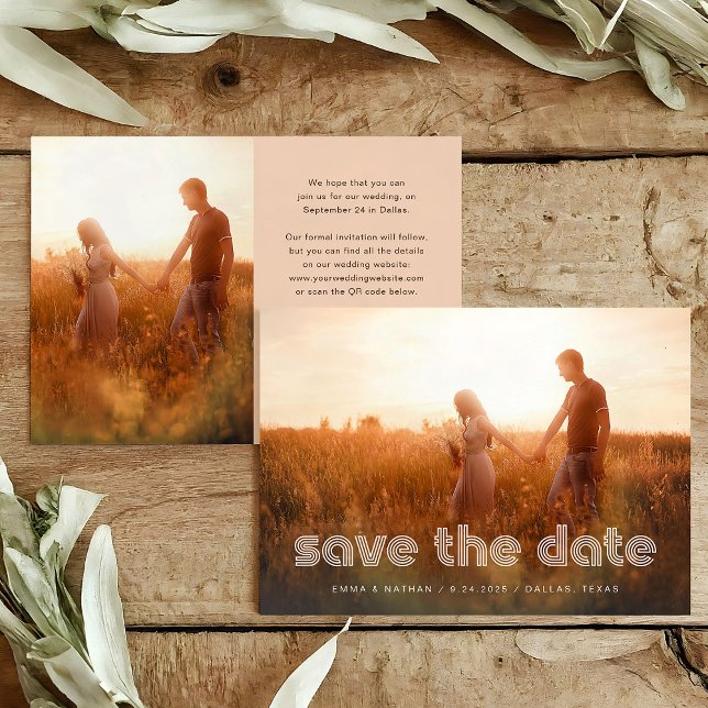 Modern Disco Text | Two Photo and QR Code Save The Date (Creator Uploaded)