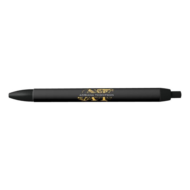 Modern Distressed Black & Gold Monogrammed Black Ink Pen (Front)