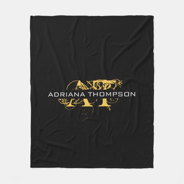 Modern Distressed Black & Gold Monogrammed Fleece Blanket (Front)