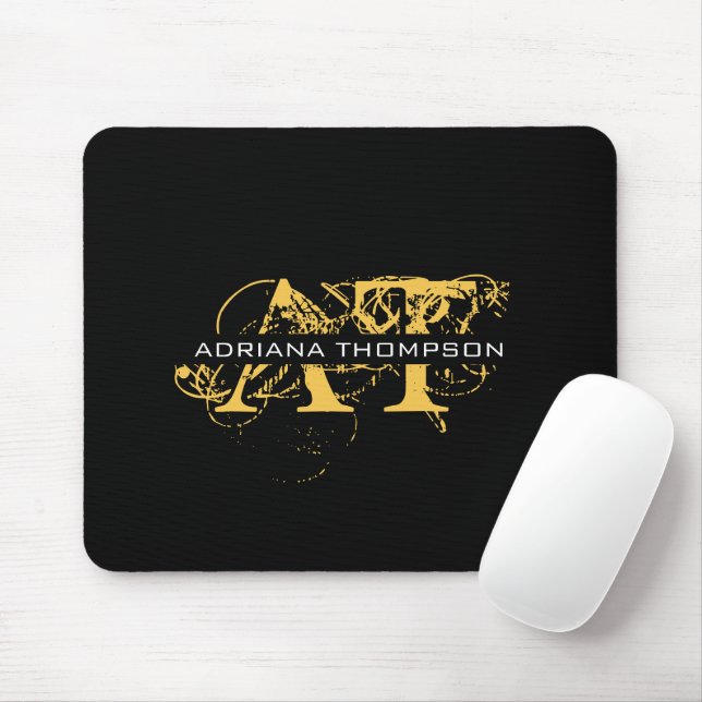 Modern Distressed Black & Gold Monogrammed Mouse Mat (With Mouse)