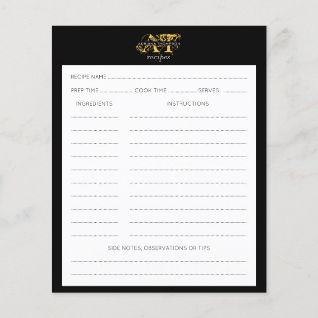 Modern Distressed Black & Gold Monogrammed Recipe (Back)
