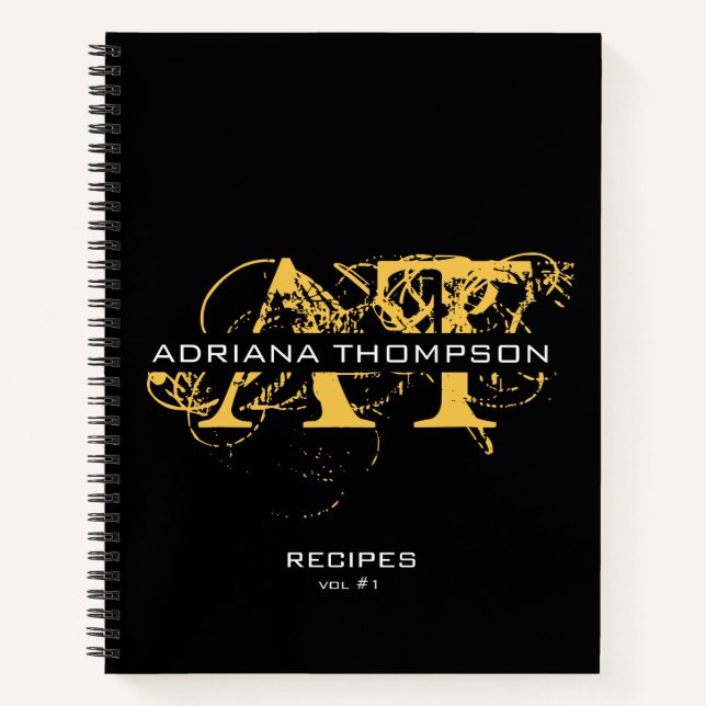 Modern Distressed Black & Gold Monogrammed Recipes Notebook (Front)