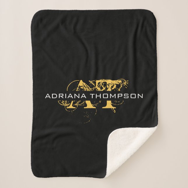 Modern Distressed Black & Gold Monogrammed Sherpa Blanket (Front)
