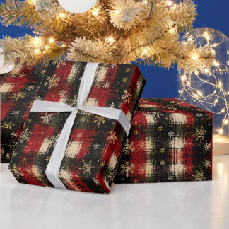 Modern Distressed Plaid Snowflake Pattern Wrapping Paper